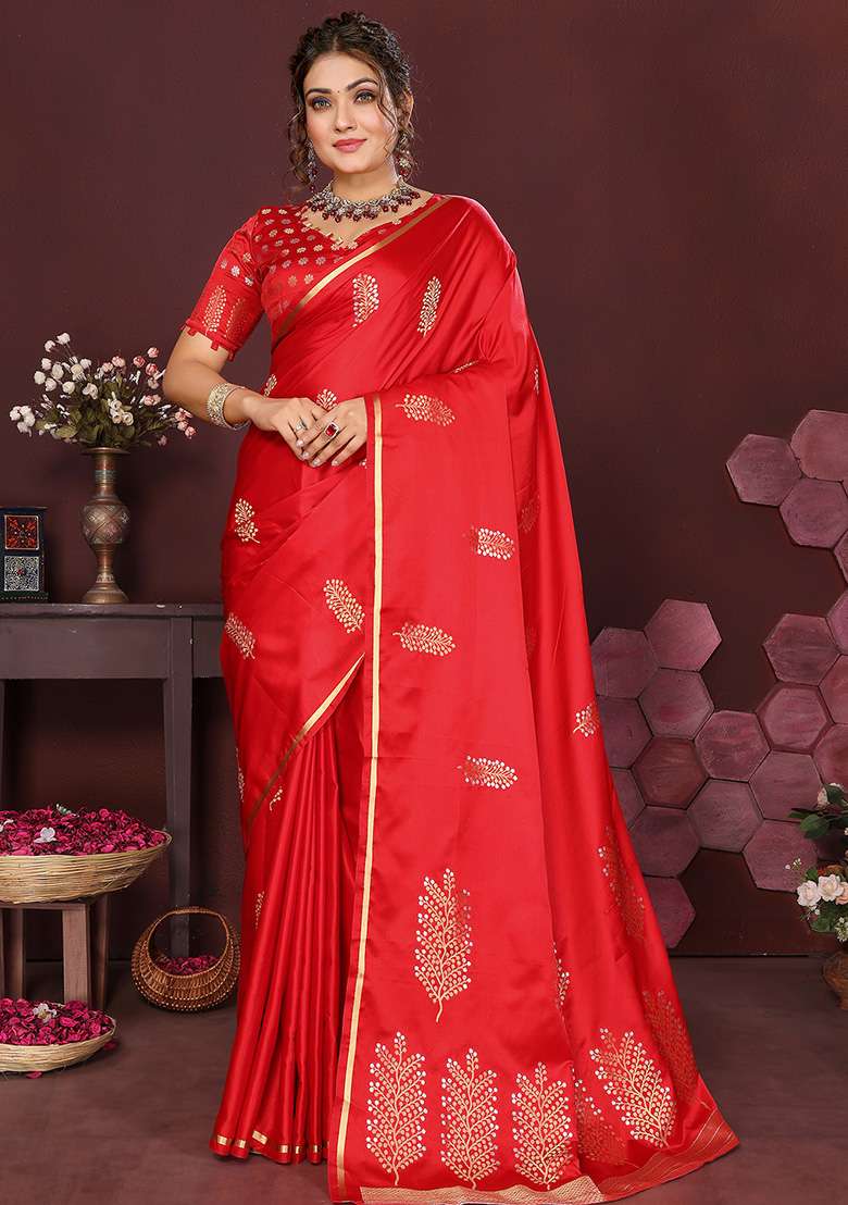 Red Floral Silk Blend Saree Set for Diwali | Wedding & Festive Wear - Indya