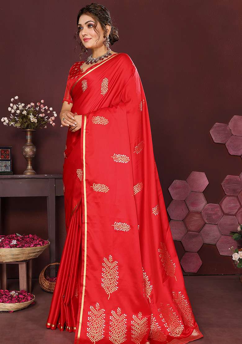 Red Floral Silk Blend Saree Set for Diwali | Wedding & Festive Wear - Indya