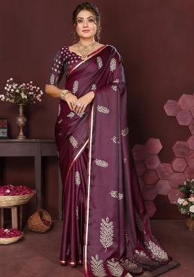 Wine Floral Silk Saree Set