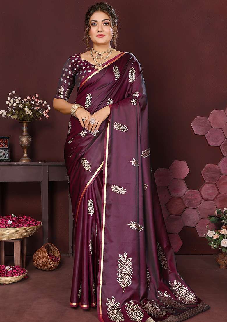 Wine Floral Silk Blend Saree Set for Diwali and Festive Wear - Indya