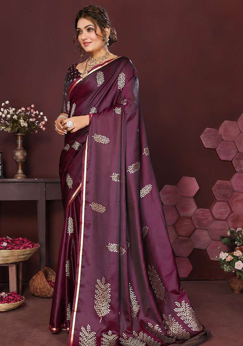 Wine Floral Silk Blend Saree Set for Diwali and Festive Wear - Indya