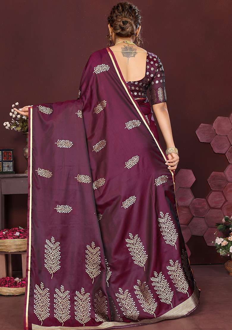 Wine Floral Silk Blend Saree Set for Diwali and Festive Wear - Indya