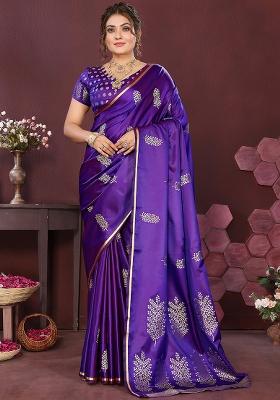 Purple Floral Silk Saree Set