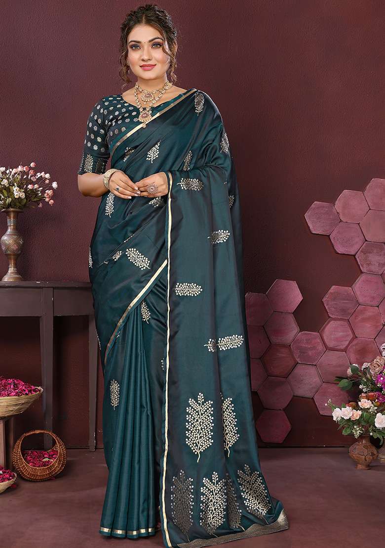 Teal Floral Silk Blend Saree Set for Diwali | Wedding & Festive Wear - Indya
