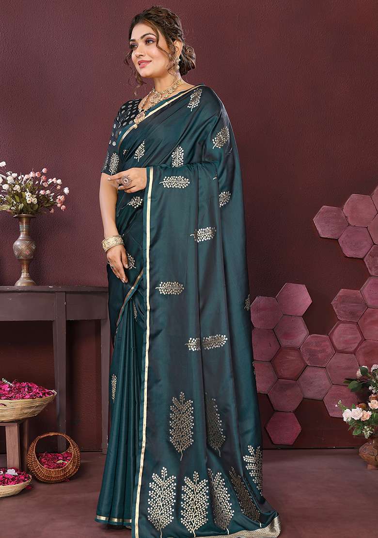 Teal Floral Silk Blend Saree Set for Diwali | Wedding & Festive Wear - Indya