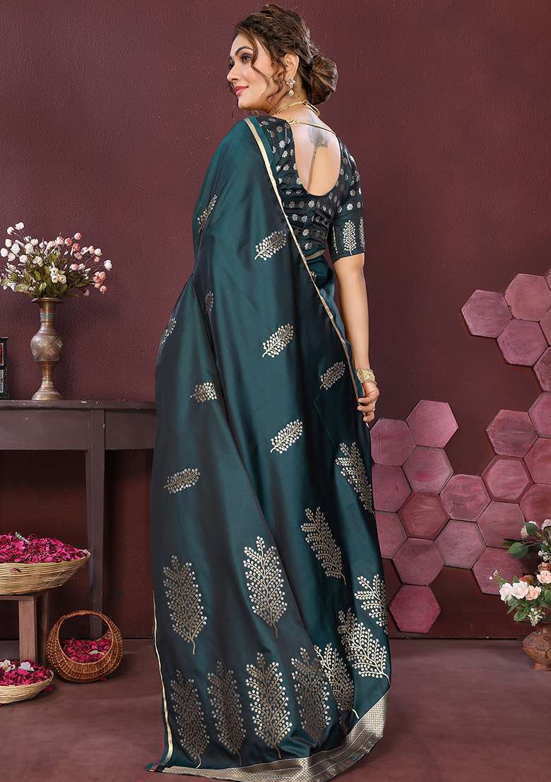 Teal Floral Silk Blend Saree Set for Diwali | Wedding & Festive Wear - Indya