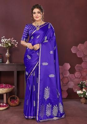 Deep Blue Floral Silk Saree Set