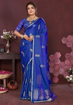 Royal Blue Floral Silk Saree Set