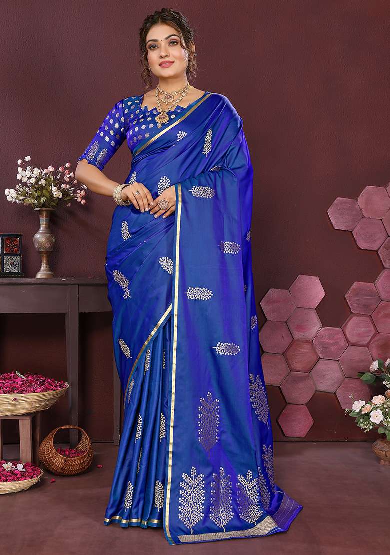Royal Blue Floral Silk Blend Saree Set for Diwali and Festive Wear - Indya