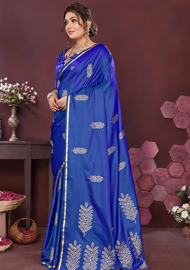 Royal Blue Floral Silk Blend Saree Set for Diwali and Festive Wear - Indya