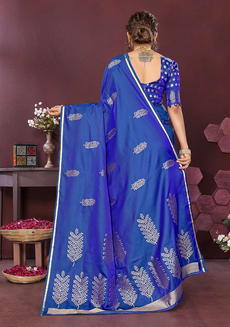 Royal Blue Floral Silk Blend Saree Set for Diwali and Festive Wear - Indya