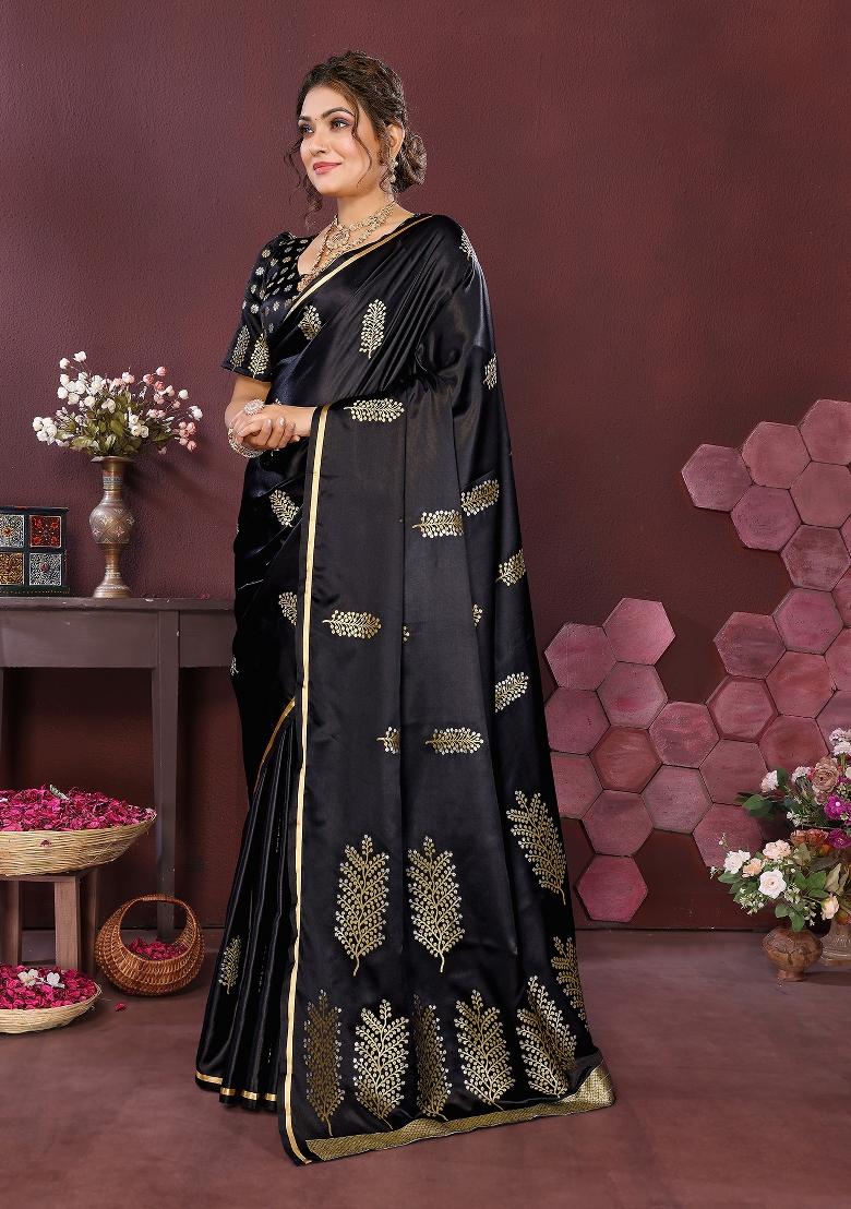 Black Floral Silk Saree Set - Indya