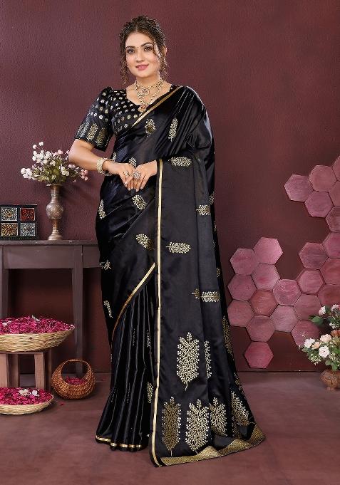 Black Floral Silk Saree Set