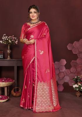 Pink Floral Silk Saree Set