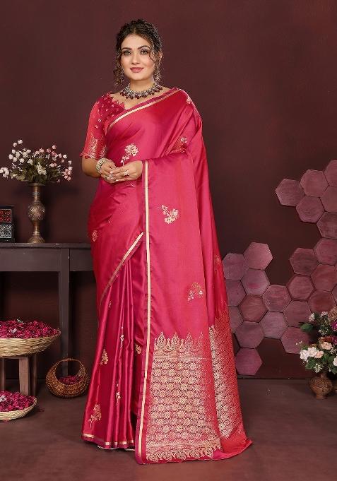 Pink Floral Silk Saree Set