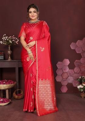 Reddish Pink Floral Silk Saree Set