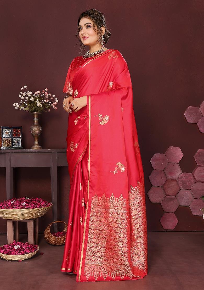 Reddish Pink Floral Silk Saree Set