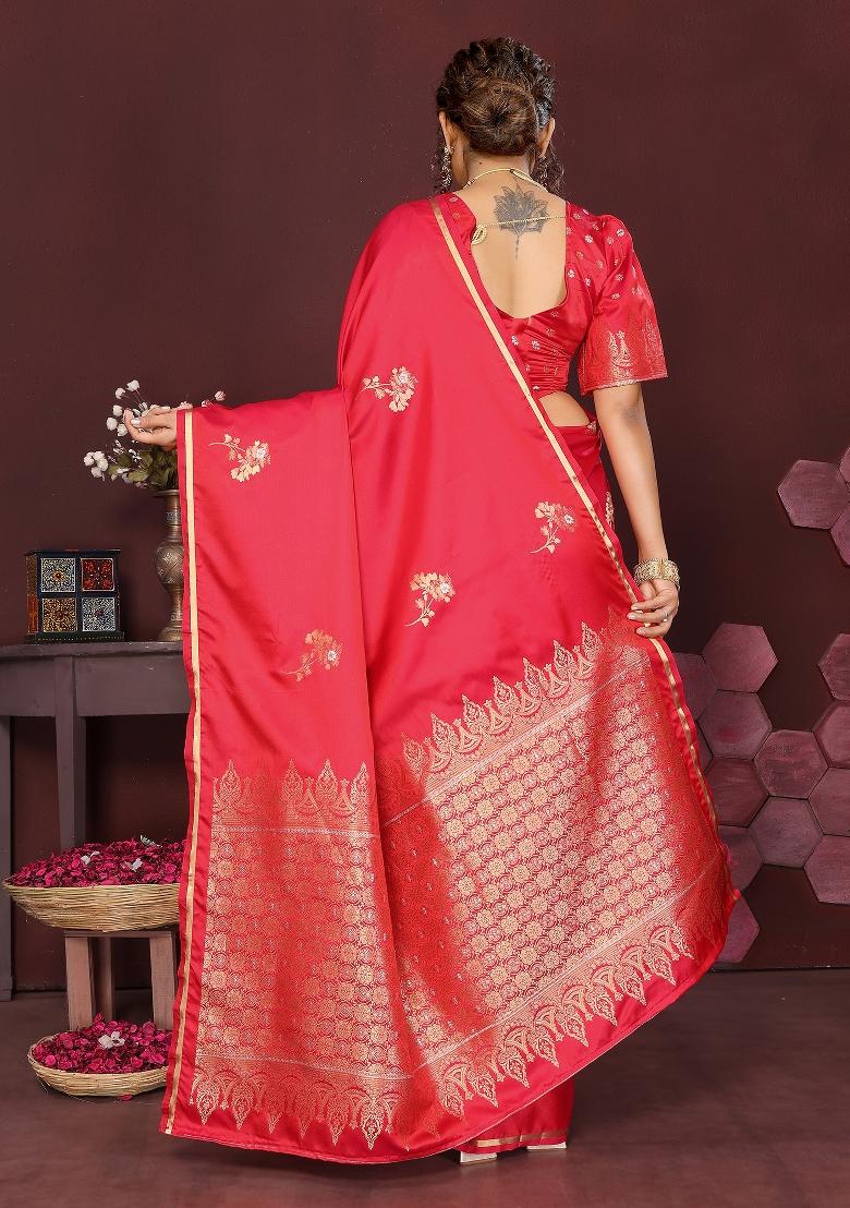 Reddish Pink Floral Silk Saree Set