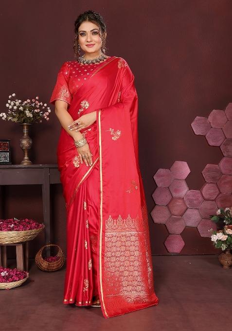 Reddish Pink Floral Silk Saree Set