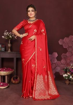 Red Floral Silk Saree Set