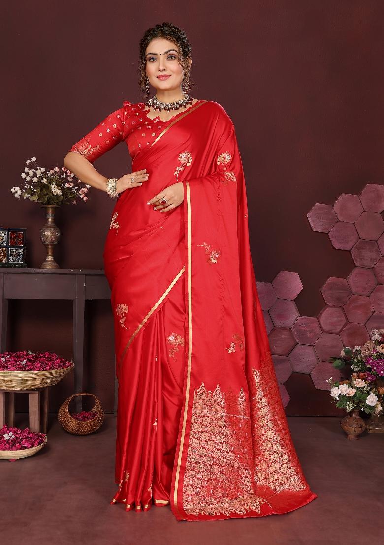 Red Floral Silk Saree Set