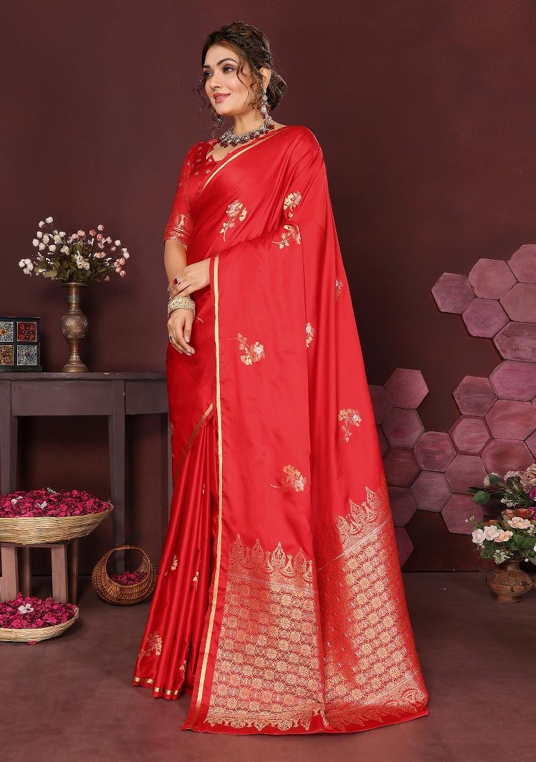 Red Floral Silk Saree Set