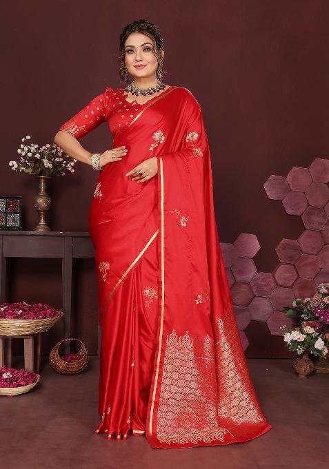 Red Floral Silk Saree Set