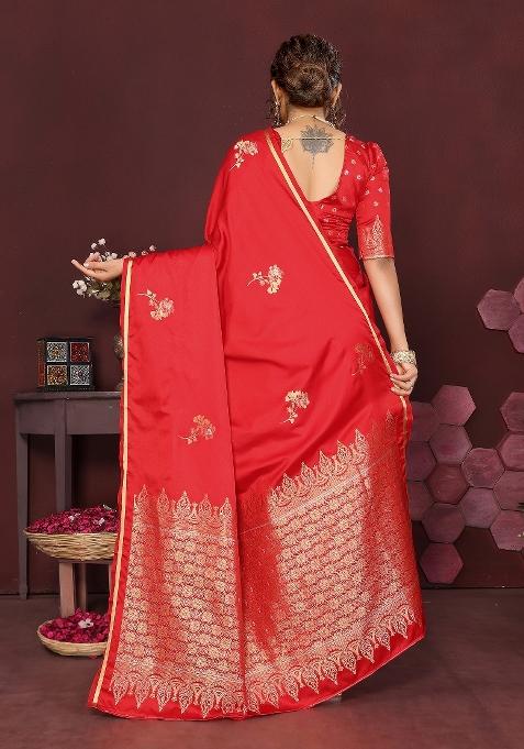 Red Floral Silk Saree Set