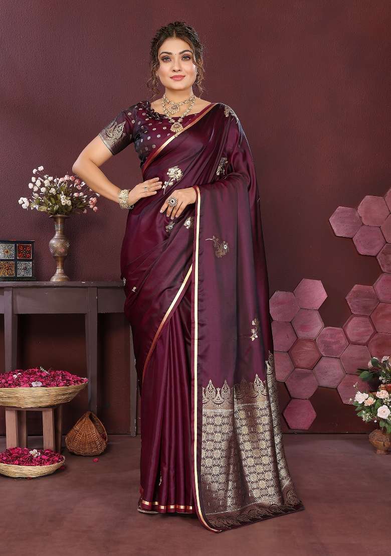 Wine Floral Silk Blend Saree Set for Diwali and Festive Wear - Indya