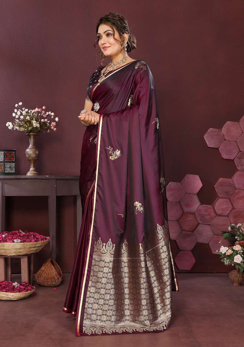 Wine Floral Silk Blend Saree Set for Diwali and Festive Wear - Indya