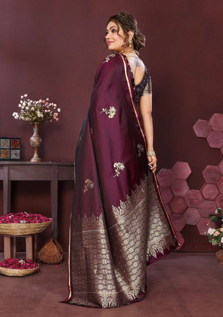 Wine Floral Silk Blend Saree Set for Diwali and Festive Wear - Indya