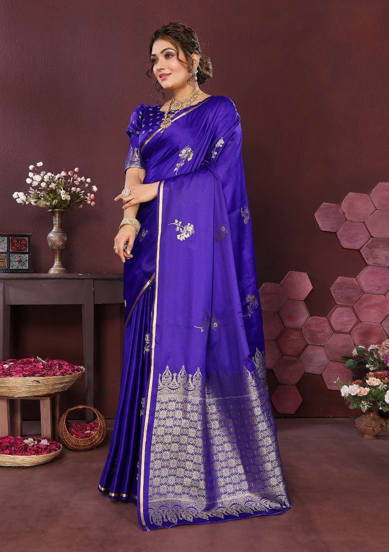 Indigo Blue Floral Silk Blend Saree Set for Diwali | Wedding & Festive Wear - Indya
