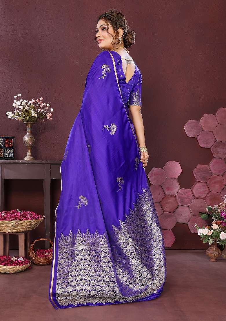 Indigo Blue Floral Silk Blend Saree Set for Diwali | Wedding & Festive Wear - Indya