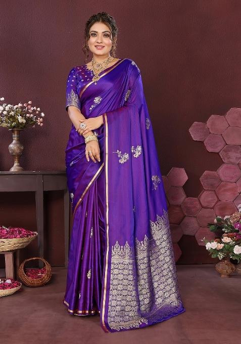 Rich Purple Floral Silk Saree Set