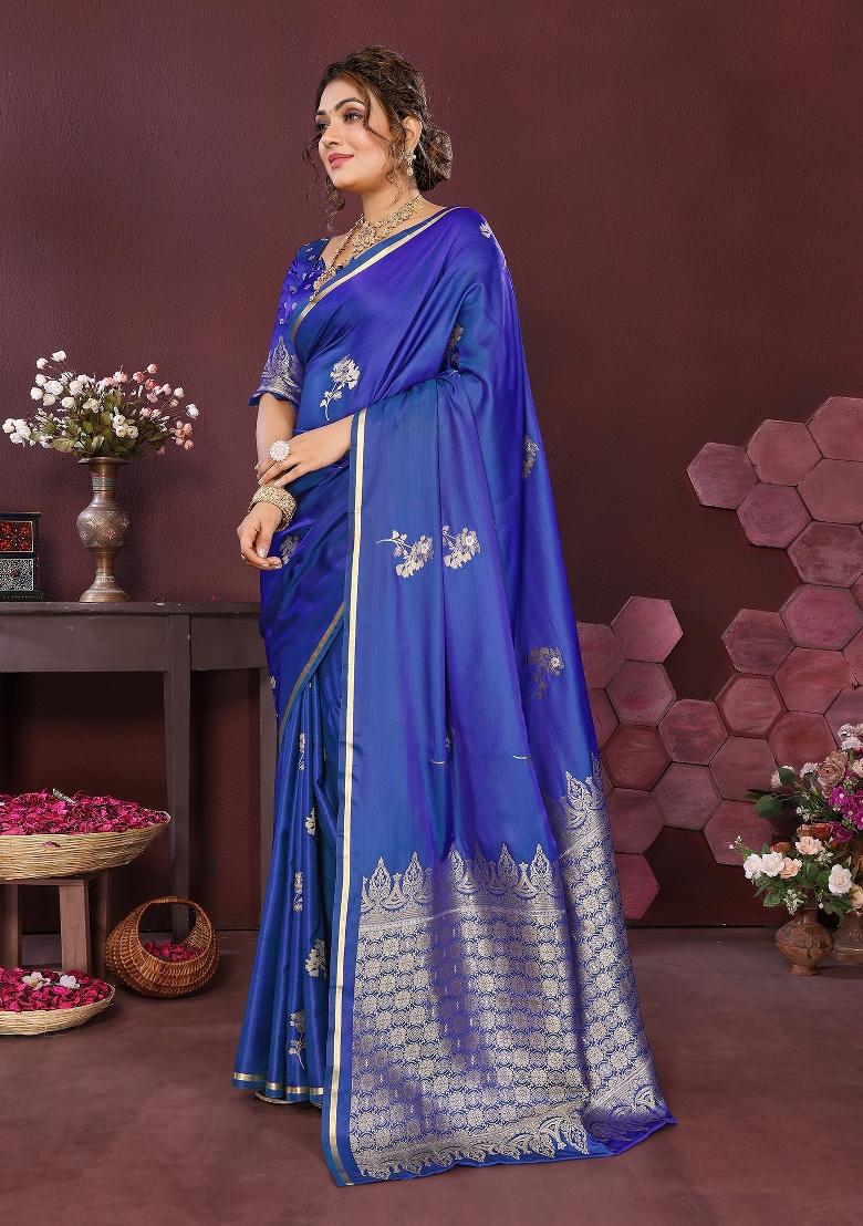 Blue Floral Silk Saree Set - Indya