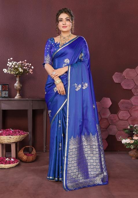 Blue Floral Silk Saree Set