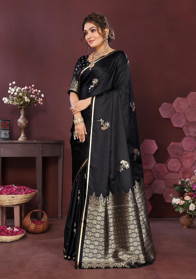 Black Floral Silk Saree Set