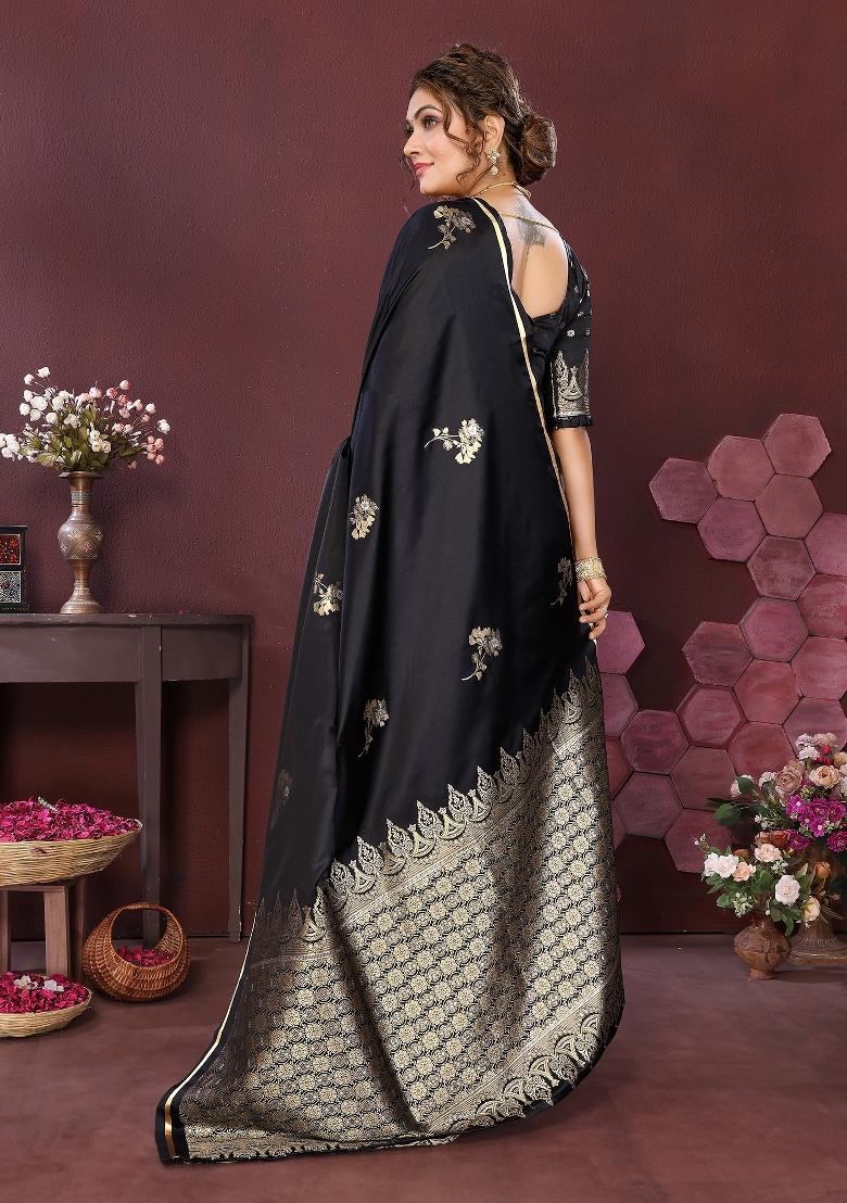Black Floral Silk Saree Set