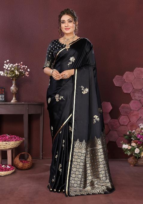 Black Floral Silk Saree Set