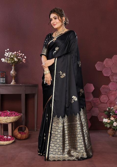 Black Floral Silk Saree Set