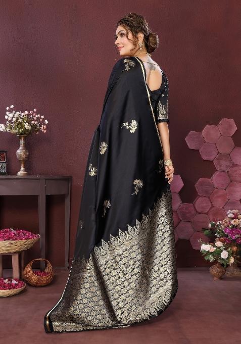 Black Floral Silk Saree Set