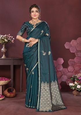 Teal Floral Silk Saree Set