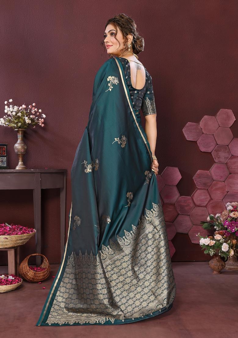 Teal Floral Silk Saree Set