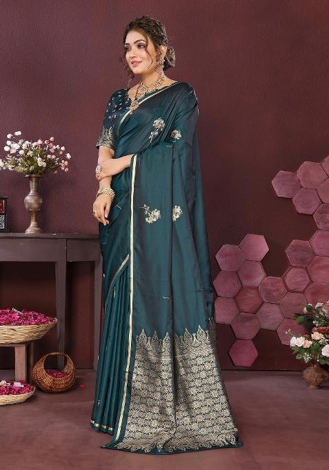 Teal Floral Silk Saree Set