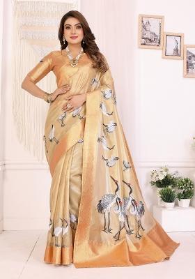Golden Embroidered Silk Saree Set
