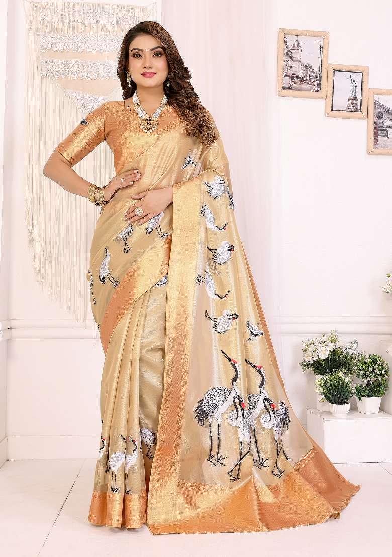 Golden Embroidered Silk Blend Saree Set for Diwali and Festive Wear - Indya