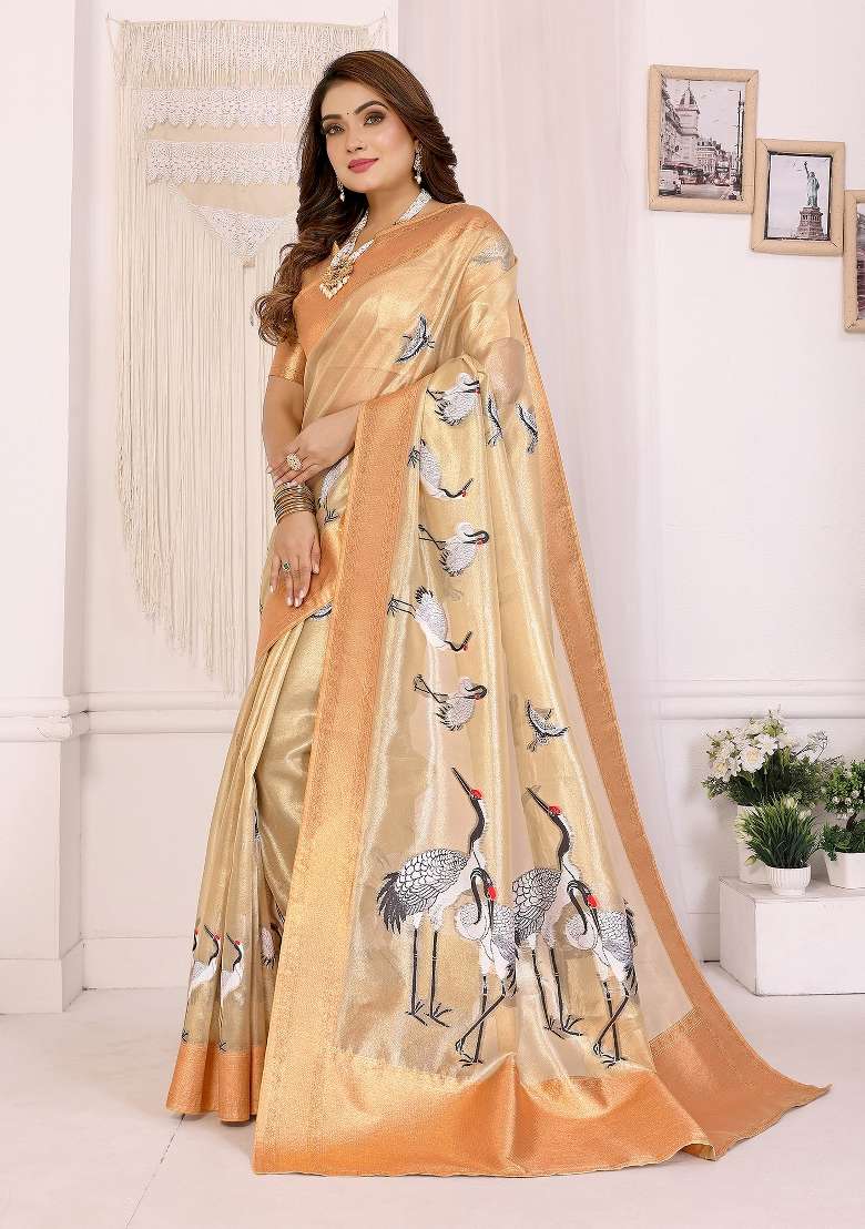 Golden Embroidered Silk Blend Saree Set for Diwali and Festive Wear - Indya