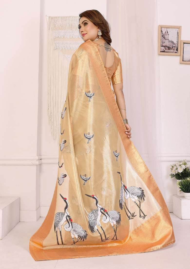 Golden Embroidered Silk Blend Saree Set for Diwali and Festive Wear - Indya
