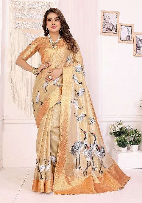 Golden Embroidered Silk Saree Set
