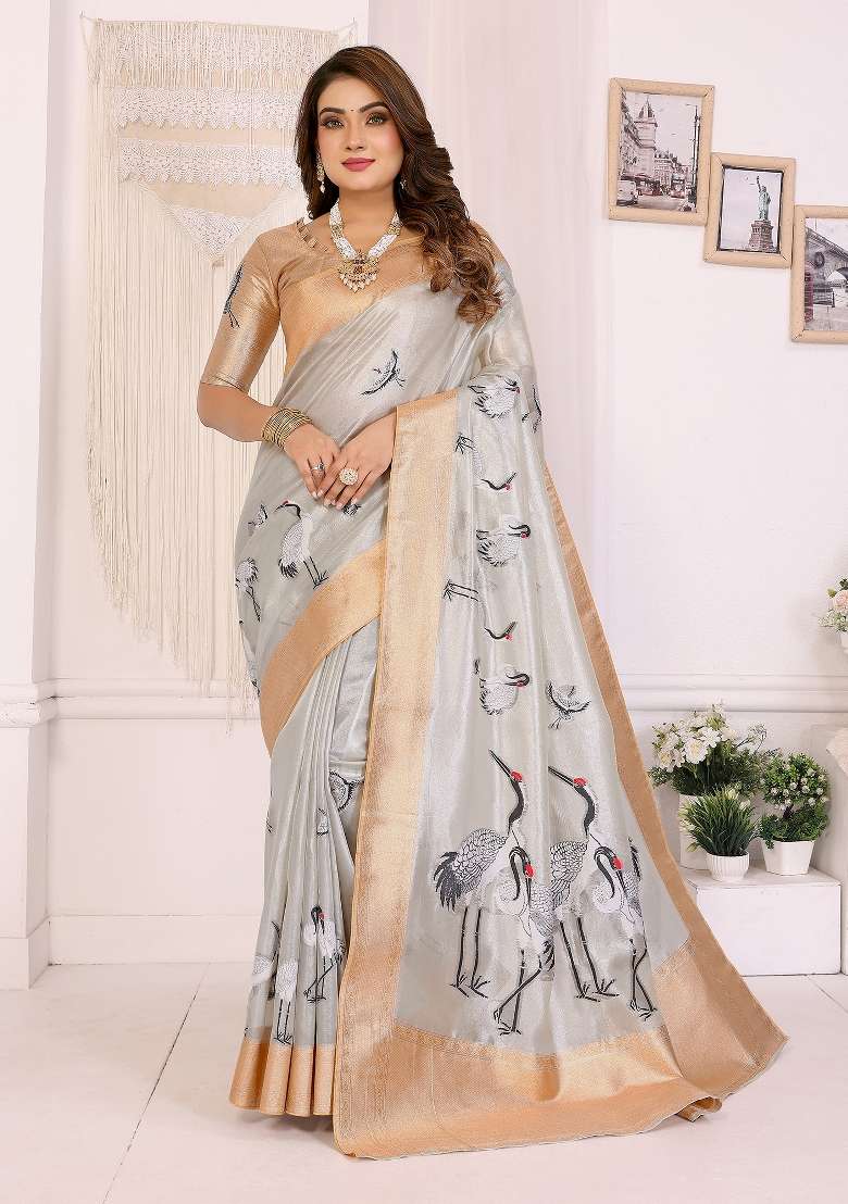 Golden Silk Blend Saree Set with Embroidered for Diwali | Wedding & Festive Wear - Indya